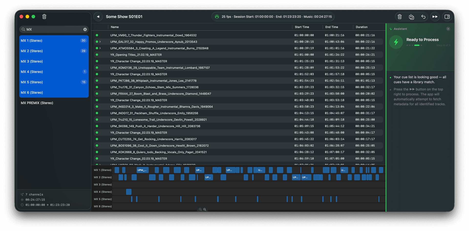 Music Cue Manager showing imported session with tracks ready to process