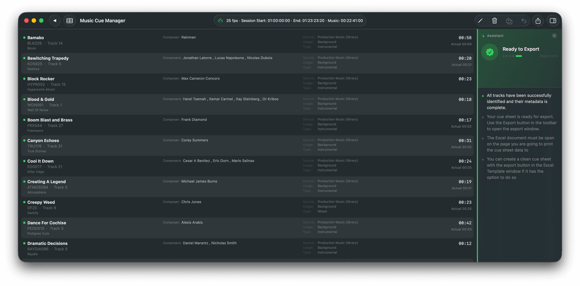 Music Cue Manager track listing with all cues identified and ready to export